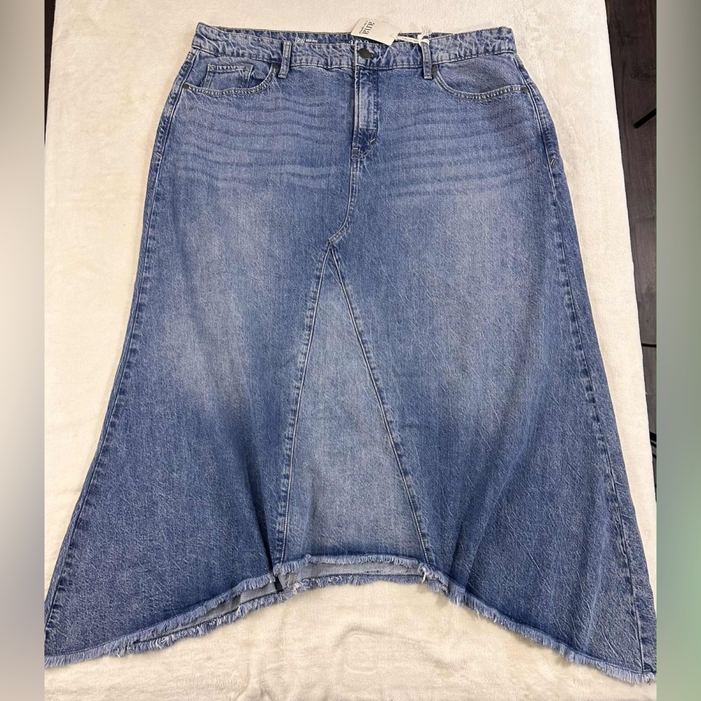 a.n.a High-Waisted A-Line Denim Midi Skirt with Raw Hem - 18W plus size